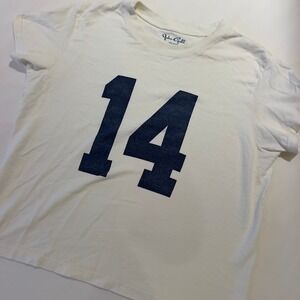 John Galt Brandy Melville White Graphic Tee Shirt Number 14 Navy Blue Mens Small